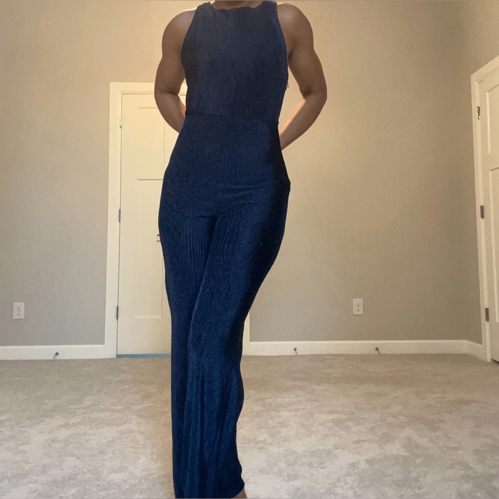 Navy Blue Velvet Jumpsuit - Picture 14 of 17